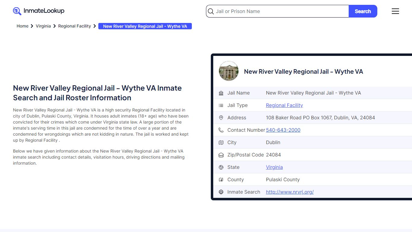 New River Valley Regional Jail - Wythe VA Inmate Search - Dublin ...